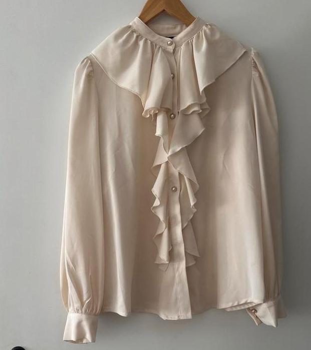Elegante Crème Blouse met Franjes ruches blousje maat L, Kleding | Dames, Blouses en Tunieken, Zo goed als nieuw, Maat 42/44 (L)