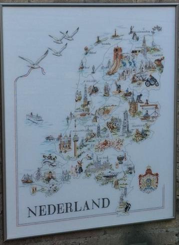 Kaart Nederland.  Fijn borduurwerk.  Gekaderd.  74/85 cm. beschikbaar voor biedingen