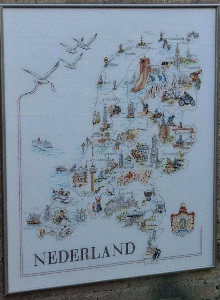Kaart Nederland.  Fijn borduurwerk.  Gekaderd.  74/85 cm., Hobby en Vrije tijd, Borduren en Borduurmachines, Zo goed als nieuw