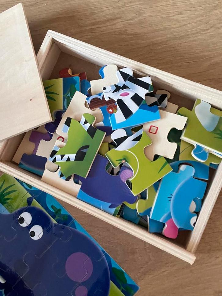 Houten Puzzelbox Safari Dieren - Leeuw, Nijlpaard, Zebra, Kinderen en Baby's, Speelgoed | Kinderpuzzels, Zo goed als nieuw, 2 tot 4 jaar