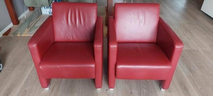 2 rode leren fauteuils, Huis en Inrichting, Fauteuils, Gebruikt, Leer, 50 tot 75 cm, Minder dan 75 cm, Ophalen