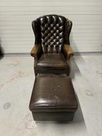 Luxe statige bruine rundleren chesterfield fauteuil, Ophalen, Gebruikt, 50 tot 75 cm, Hout