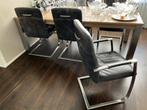 Eettafel met 6 bijpassende lederen stoelen., Huis en Inrichting, Ophalen, Leer, Zo goed als nieuw, Grijs