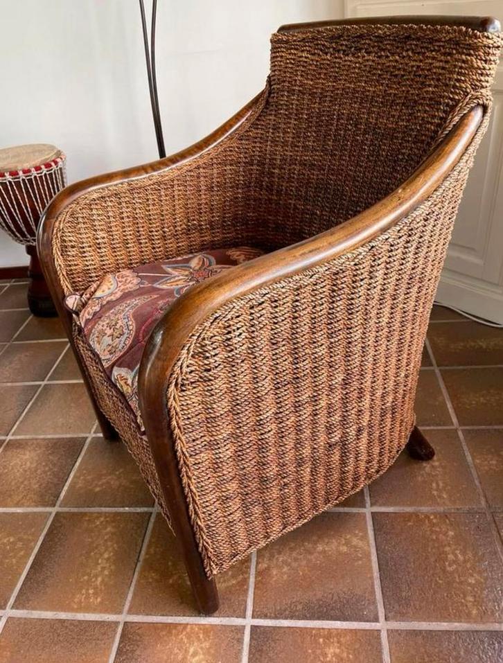 2 prachtige koloniale fauteuils incl. kussen aangeboden, Huis en Inrichting, Stoelen, Gebruikt, Twee, Hout, Bruin, Ophalen
