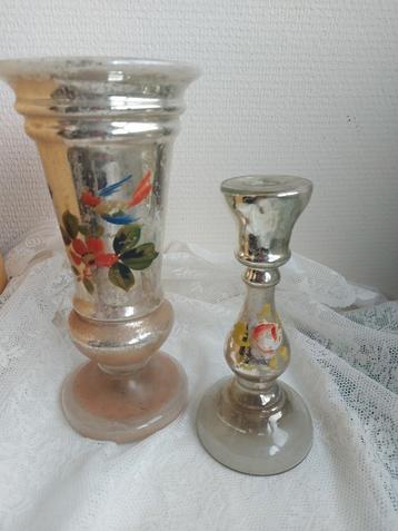 2 zeer mooie antieke Zilver/Mercury glazen kandelaar en vaas beschikbaar voor biedingen