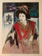 Fine Art Japanse Vrouw Geisha 67x87 cm incl. lijst JOADOOR, Antiek en Kunst, Kunst | Litho's en Zeefdrukken, Ophalen of Verzenden