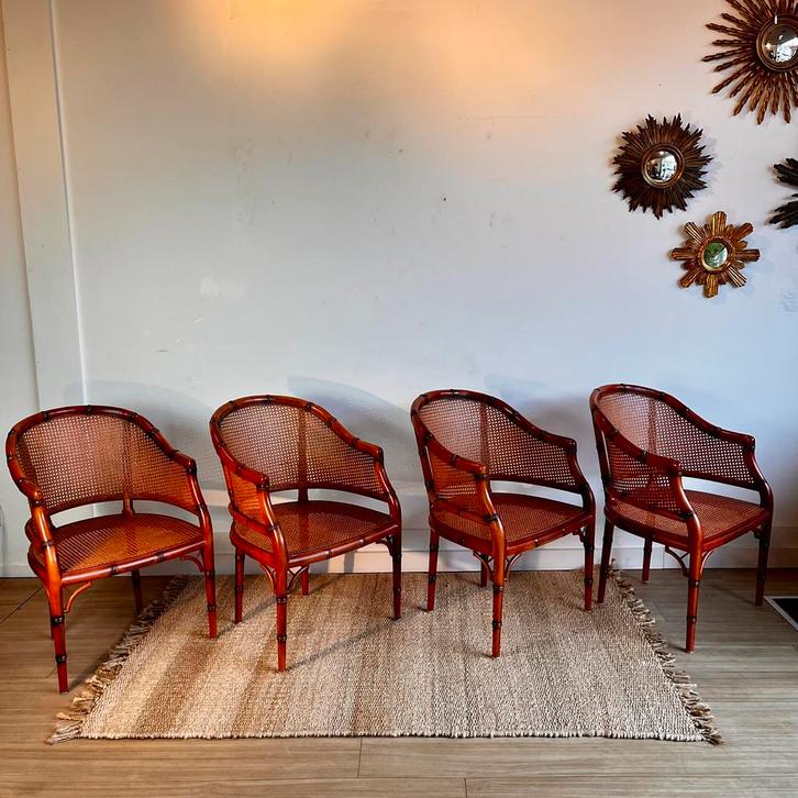 4 Faux bamboo bamboe stoelen vintage. Regency, Huis en Inrichting, Stoffering | Vloerbedekking, Zo goed als nieuw, Parket, minder dan 10 m²