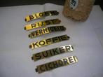 6 oude metalen naamplaatjes van voorraadbussen koffie enz., Antiek en Kunst, Ophalen of Verzenden