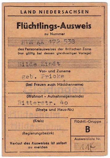 Fluchtlings-Ausweis-Hilde Kindt Gleidingen1949 (Britische Z) beschikbaar voor biedingen