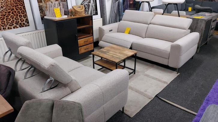 Bankstel 3+2 Relax elektrisch A- stof Beige AANBIEDING!, Huis en Inrichting, Banken | Bankstellen, Nieuw, Rechte bank, Vierpersoons of meer