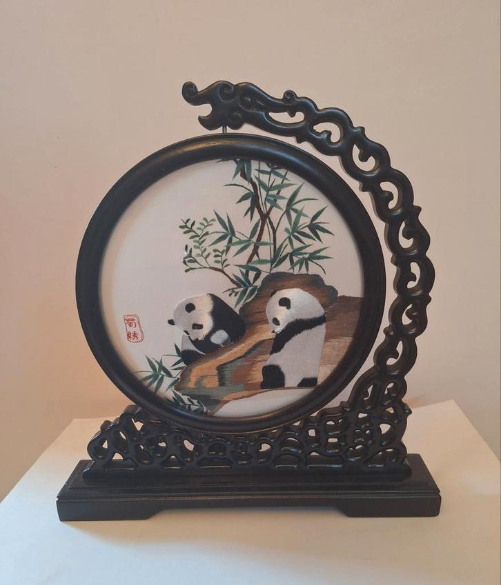 Delicaat houten frame dubbelzijdig zijden panda geborduurd, Huis en Inrichting, Woonaccessoires | Overige, Zo goed als nieuw, Ophalen of Verzenden