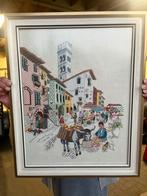 Geborduurd schilderij Italiaans dorp, B. Bruinink lijst Hilv, Ophalen