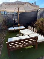 Modulaire Tuinset - 3 Bankjes & 2 Bijzettafels, Ophalen, Gebruikt, Hout