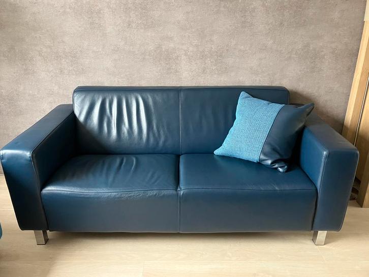 Bankset blauw Montel(Custom) stof leer 2,5+3 zits+fauteuil, Huis en Inrichting, Banken | Bankstellen, Gebruikt, Rechte bank, Driepersoons
