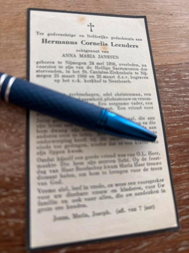 Leenders Hermanus 1898 Nijmegen 1960 Neerbosch x Janssen, Verzamelen, Bidprentjes en Rouwkaarten, Bidprentje, Ophalen of Verzenden