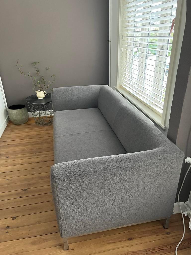 Blauwgrijze 2,5-zits bank in bouclé stof - 2.04m breed, Ophalen, Gebruikt, Driepersoons, 75 tot 100 cm