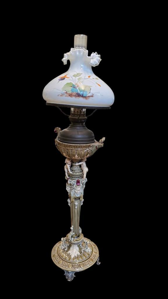 Antieke majolica olielamp met gebrandschilderde kap, Antiek en Kunst, Antiek | Lampen, Ophalen