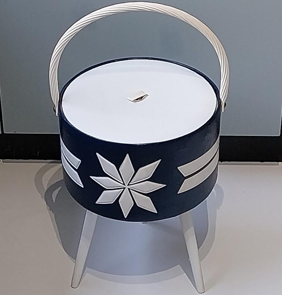 Retro/Vintage naaimand / naaitafel / opbergmand (blauw/wit), Hobby en Vrije tijd, Ophalen of Verzenden