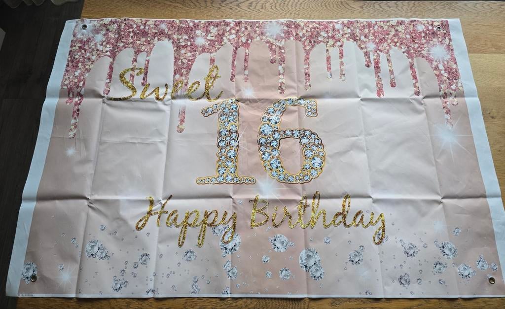 Poster/achtergrondbanner en slinger voor sweet 16 verjaardag, Ophalen of Verzenden, Versiering, Verjaardag