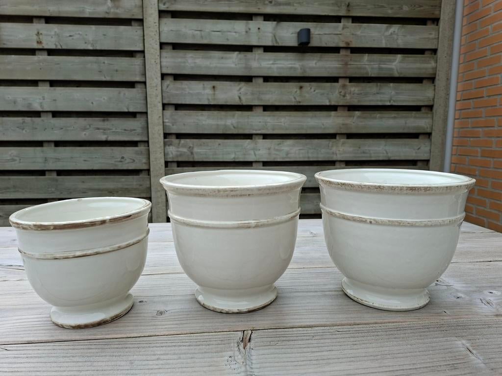 Set van 3 crème-witte bloempotten voor binnen., Tuin en Terras, Bloempotten, Ophalen, Gebruikt, Rond, Binnen
