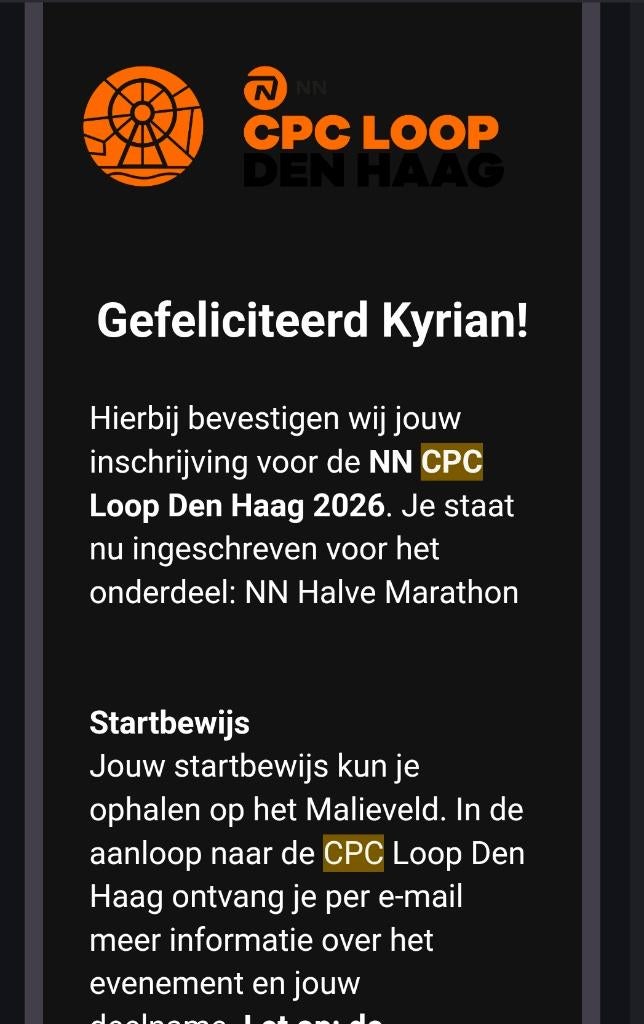 NN CPC Halve marathon Startbewijs, Tickets en Kaartjes, Evenementen en Festivals, Eén persoon