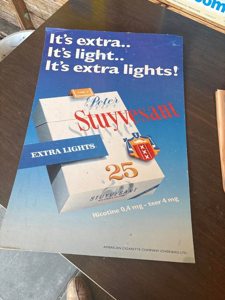 Vintage Peter Stuyvesant Reclamebord Karton - Extra Lights, Verzamelen, Ophalen of Verzenden, Gebruikt, Reclamebord