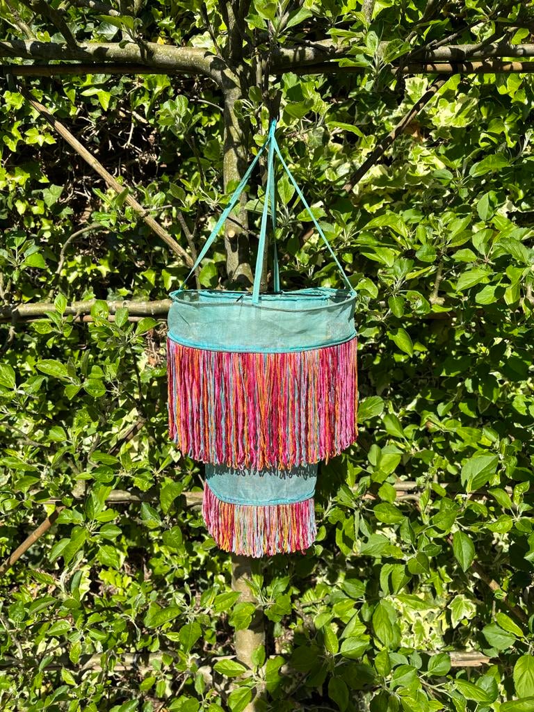 Boho lampion met franjes - Turquoise en Multikleur, Gebruikt, 25 tot 50 cm, Blauw, Rond