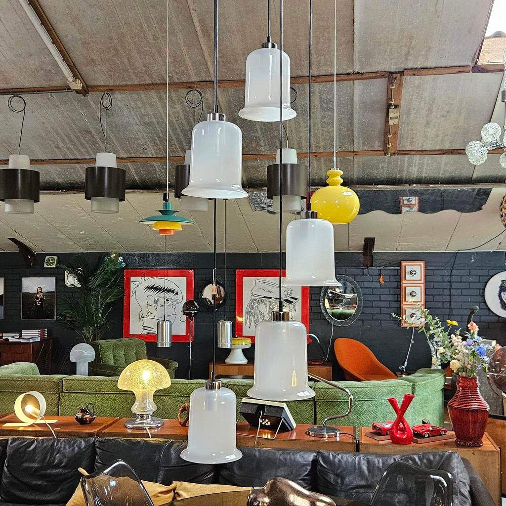 Vintage glazen videlamp, grote handlamp Raak Amsterdam, Huis en Inrichting, Lampen | Hanglampen, Ophalen, Gebruikt, Vintage, Glas