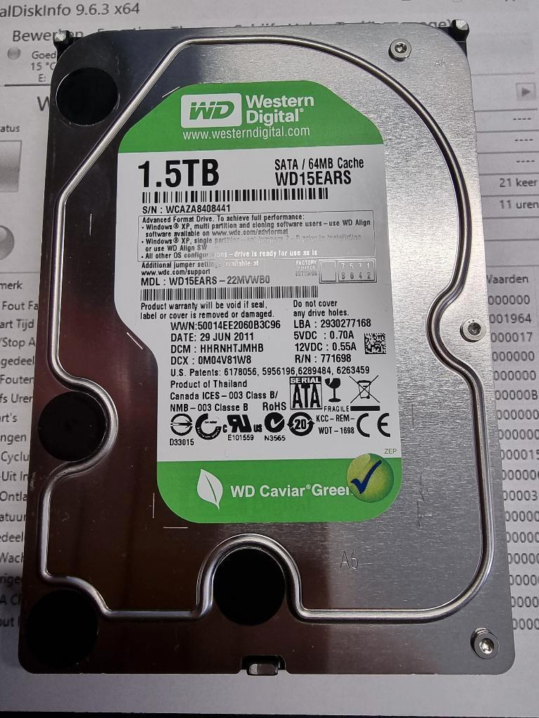 HDD 1.5 TB Western Digital 3.5 inch 11 draaiuren met rapport, 1,5TB, HDD, Zo goed als nieuw, Desktop