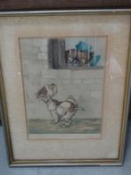 Boris O'Klein ets gravure handingekleurd plassende hond, Antiek en Kunst, Ophalen of Verzenden