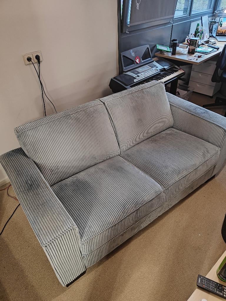 Lichtblauwe ribstof bank 2-zits, Ophalen, Gebruikt, 150 tot 200 cm, Tweepersoons