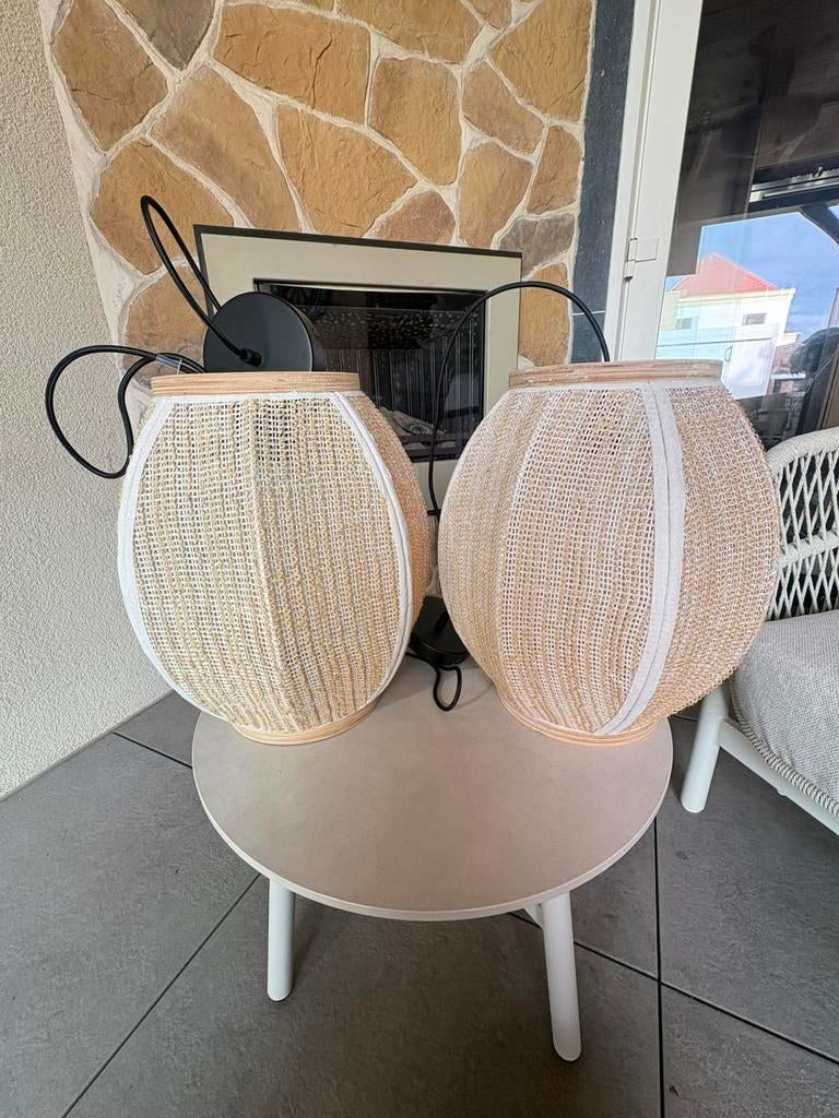 2 stuks QAZQA Oosterse hanglamp naturel stof 46 cm - Rob, Ophalen, Zo goed als nieuw, Stof, Minder dan 50 cm