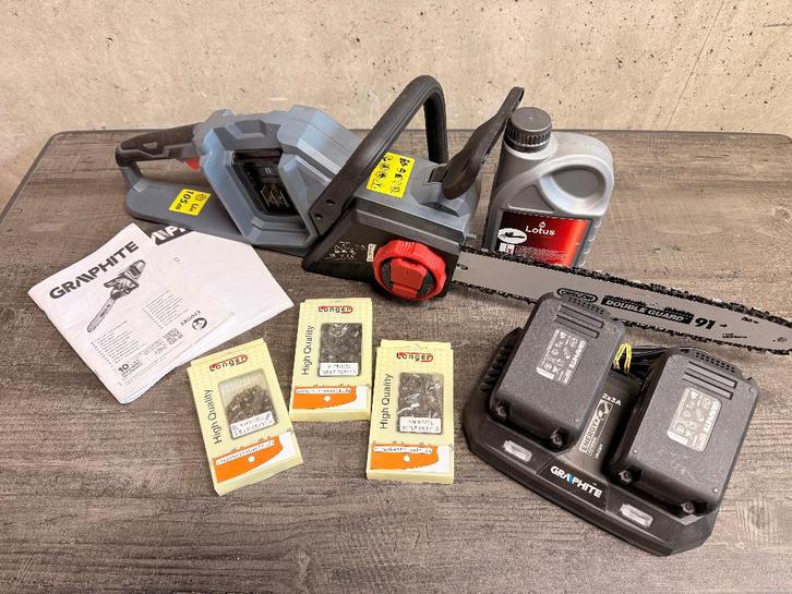 Graphite Energy+ Kettingzaag Koolborstelloos 36v incl 2 accu, Tuin en Terras, Hand-tuingereedschap, Zo goed als nieuw, Overige soorten