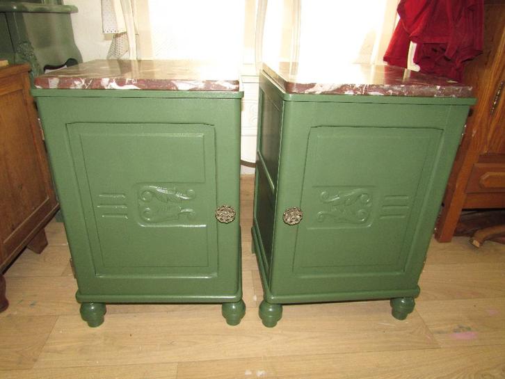 antiek eiken set nachtkastjes marmerblad 295,00, Antiek en Kunst, Curiosa en Brocante, Ophalen of Verzenden