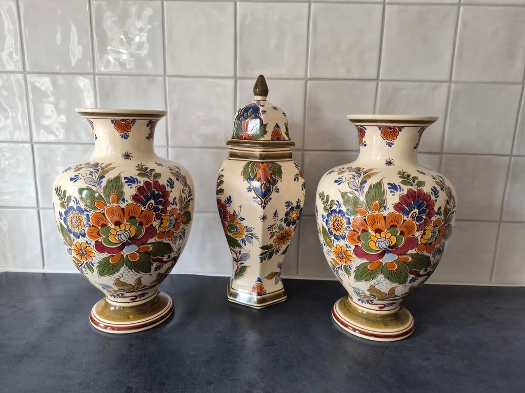 Set van 3 Delfts Polychroom Handwerk Vazen, Ophalen