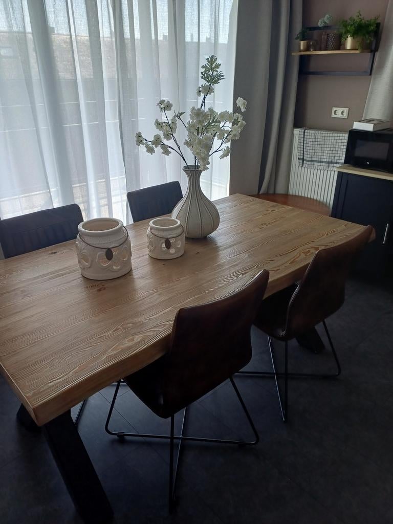 Eettafel met masief eiken blad, Ophalen, Rechthoekig, 200 cm of meer, 50 tot 100 cm