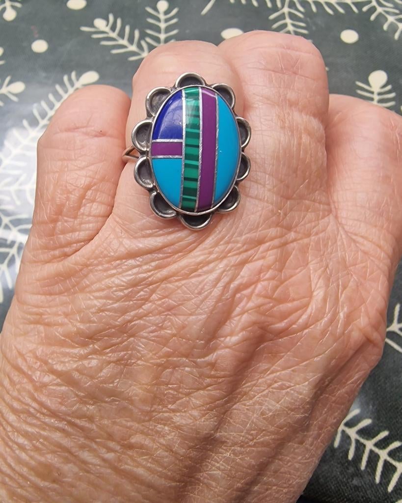 Zuni Inlay Ring Zilver Maat 17.5, Ophalen of Verzenden