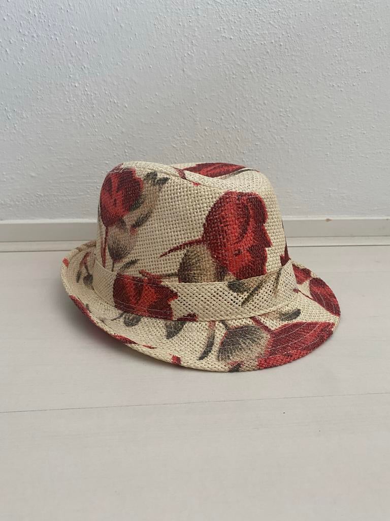 Hoed met rood bloemenpatroon, maat 57, Ophalen of Verzenden, Gedragen, Hoed