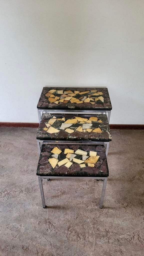 Mimiset van 3, vintage, midcentury,  sixties side tables, Huis en Inrichting, Tafels | Sidetables, Ophalen, Gebruikt, 25 tot 50 cm