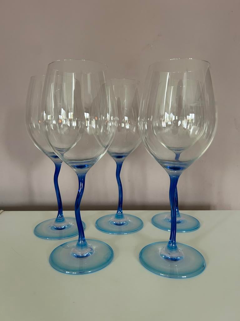 Set van 5 Wijn Glazen met Blauwe Gedraaide Steel, Ophalen of Verzenden