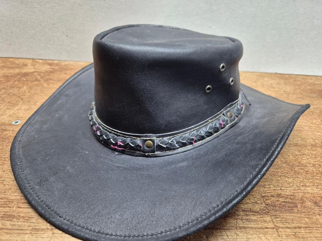 Australië Safari hoed, zwart leer, maat 56-57, Hoed, Aussie, Ophalen of Verzenden, 57 cm (M, 7⅛ inch) of minder