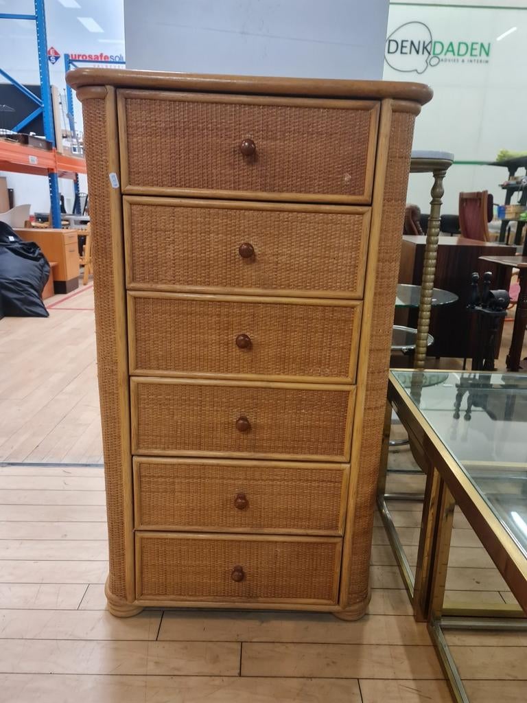 vintage rotan ladenkastje, Ophalen, Gebruikt, 5 laden of meer, 50 tot 100 cm