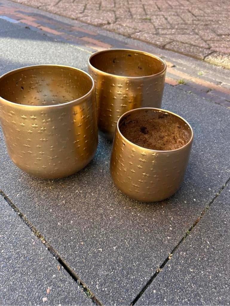 Plantenpot 3 stuks gouden kleur, Ophalen, Rond, Binnen, Zo goed als nieuw