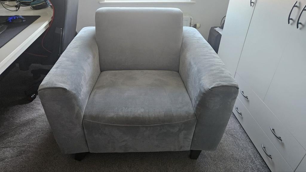 Blauw grijze fauteuil, Ophalen, Gebruikt, 75 tot 100 cm, 50 tot 75 cm