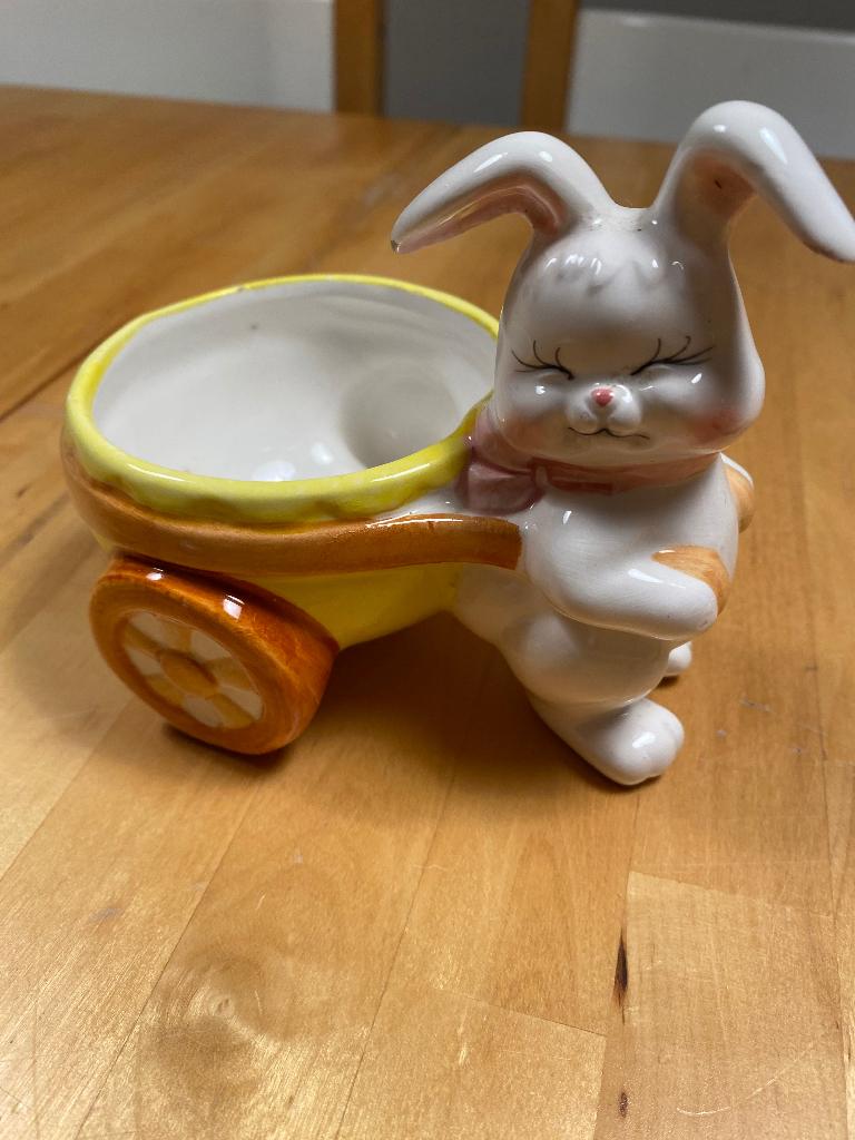 Vintage Pasen klein plant potje Konijn met karretje, Ophalen of Verzenden, Zo goed als nieuw