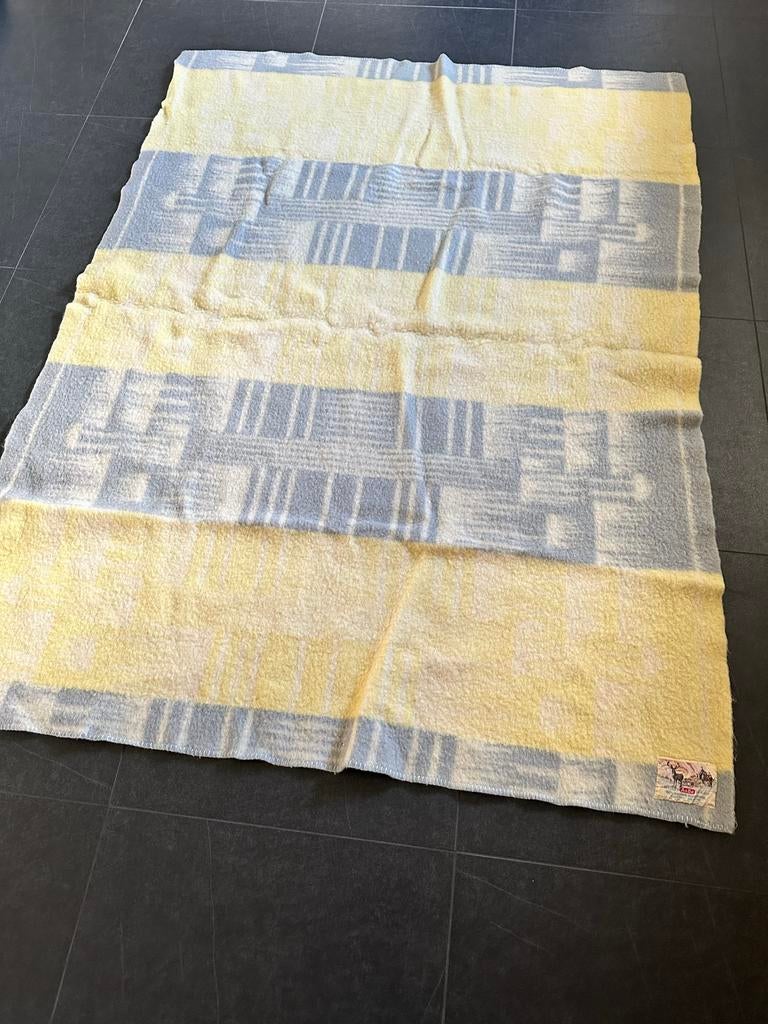 Vintage Aabe Wollen Deken - Geel/blauw - 100% Scheerwol, Huis en Inrichting, Ophalen of Verzenden, Gebruikt