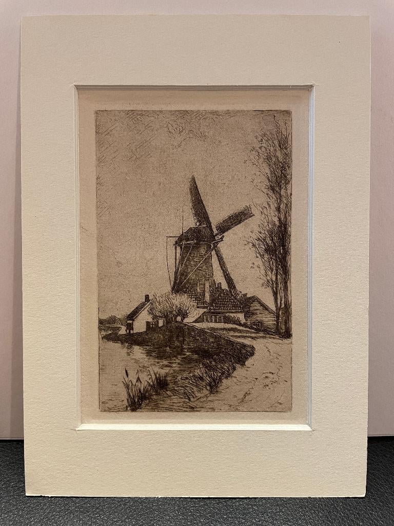 Matthes, P. (1872-1956) Molen aan de dijk - ets ongesign., Antiek en Kunst, Architectuur, Ophalen of Verzenden, Met passe-partout