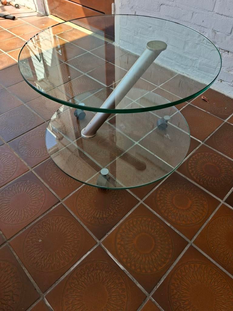 Glazen bijzettafel met Twee Bladen op wieljes, Ophalen, 50 tot 100 cm, 50 tot 75 cm, Rond