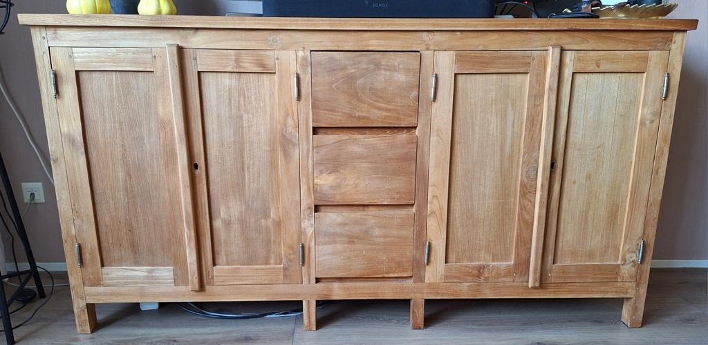 Zeer zwaar massief teak hout dressoir 180 x 95 x 50 cm, Ophalen, Zo goed als nieuw, 25 tot 50 cm, 150 tot 200 cm