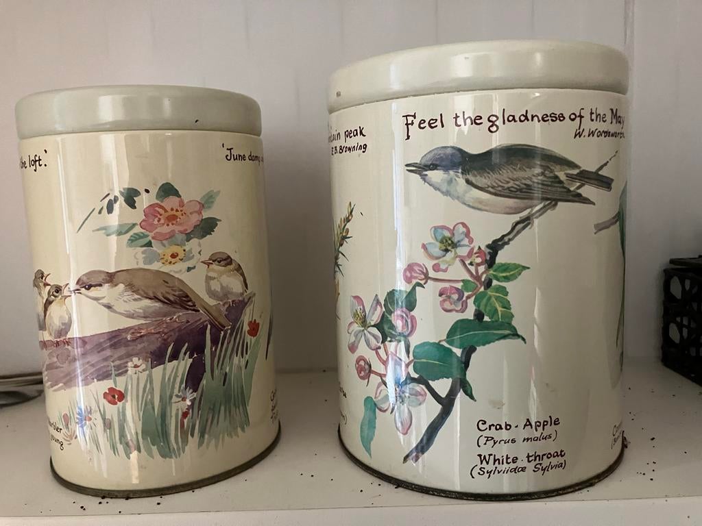 Twee blikken met vogel- en bloemenprint, Ophalen of Verzenden, Gebruikt, Overige, Overige merken